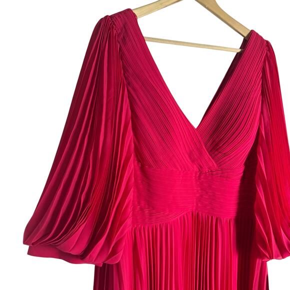Teri Jon by Rickie Freeman Fuchsia Chiffon Pleated V-Neck Long Sleeve Gown 18 - Picture 9 of 16